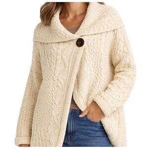 Carraig Donn Irish Merino Wool Cable Knit Cardigan Cream XL Made Ireland
